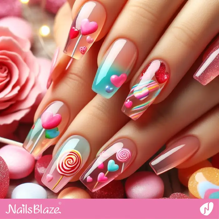 Glossy Ombre Nails with Candies for Love Day | Valentine Nails - NB2219